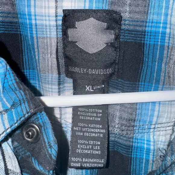 Harley Davidson Garage Snap Button Plaid Shirt Short Sleeve‎ HDMC Blue XL Slim - Picture 2 of 7